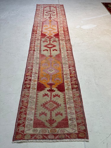 Oriental Hand-Knotted Wool Runner Turkish Oushak Red/Ivory/Copper 3' x 12'11"
