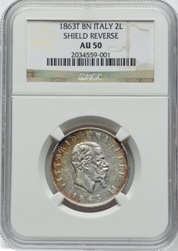 ITALY KINGDOM 1863-T-BN 2 LIRE COIN, ALMOST UNCIRCULATED, NGC CERTIFIED AU50