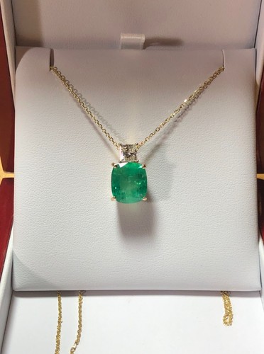 Certified 7.00 Carat Cushion Muzo Colombian Emerald & Diamond 18k Gold Pendant - Picture 7 of 11