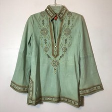 Tory Burch Soft Leather Suede Pale Green Embroidered Flare Sleeve Tunic Boho 4