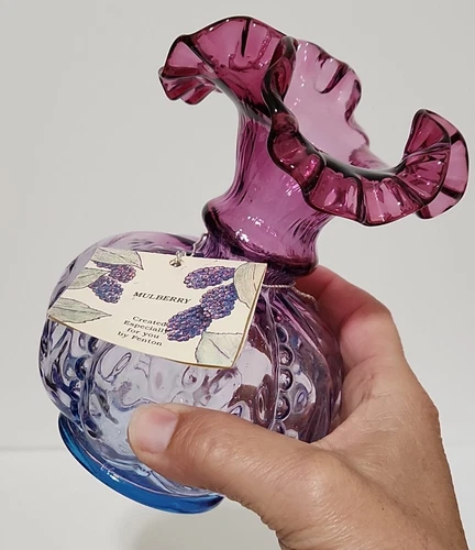 RARE Fenton Mulberry Melon Beaded Optic Vase 5 3/4" T Original Label Wave Crest