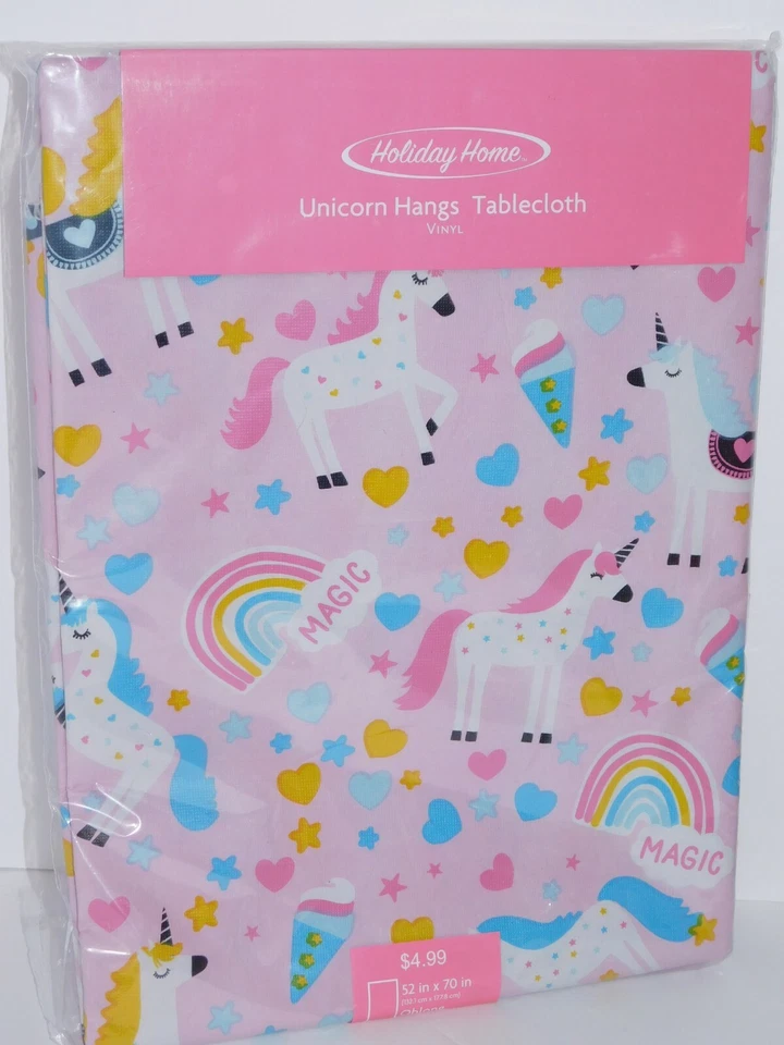 Cubierta de mantel de fiesta unicornio oblonga 52x70 vinilo rosa arco iris corazones mágicos Foto 2 de 4