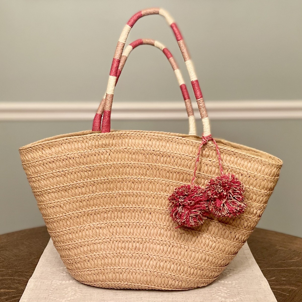 Ann Taylor LOFT Straw Tote Handbag Pom Pom Accent Drawstring