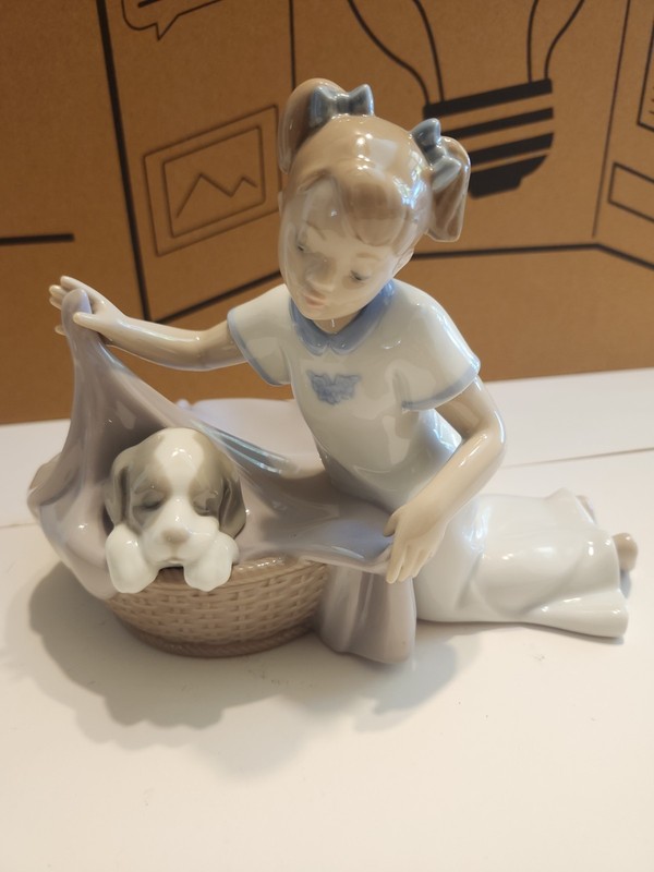 NAO By Lladro Figurine, It’s Time To Sleep, Girl W/ Puppy Dog In Basket #1417