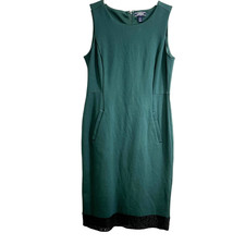 Lands End Dress Women 14 Green Ponte Sheath Sleeveless Pocket Black Lace Hem