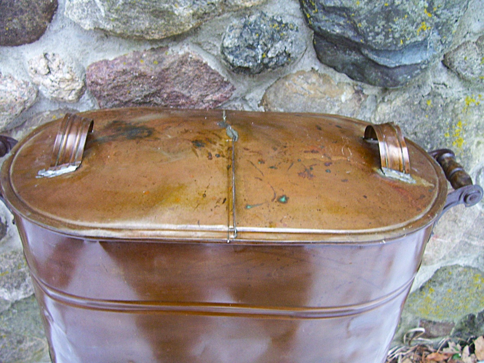 ANTIQUE COPPER WASH BOILER  TAPPERED LID ~ PRIMITIVE LAUNDRY TUB ~ STORAGE DECOR