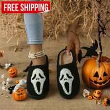 Women's Halloween Slippers Spooky Ghost Face Fuzzy House Shoes Cozy Fall Winter