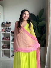 Stunning Look Faux Georgette lime green Gown Bottom With Dupatta For Function