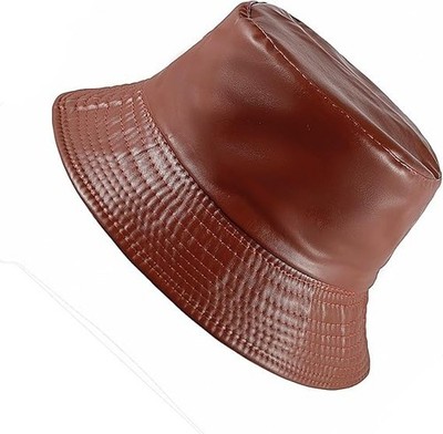 Womens Unisex Fashion Faux Leather Bucket Brown Hat Rain Hat Wide Brim Bucket...