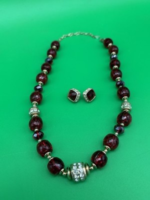 Vintage Signed Napier Deep Red Faceted Bead Necklace & Earring Set