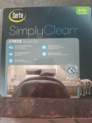 Serta Simply Clean Dk Grey 3 Pc Duvet Set Full Queen Antimicrobial Stain Release