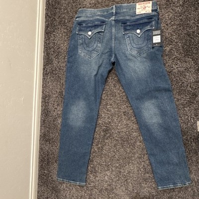 True Religion Geno SN Flap Slim Straight Jeans Blue Medium Wash Men Denim 700818