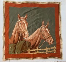 Vintage Equestrian Horses Riding Silk Scarf Double Sided Cowgirl Rodeo 26X26