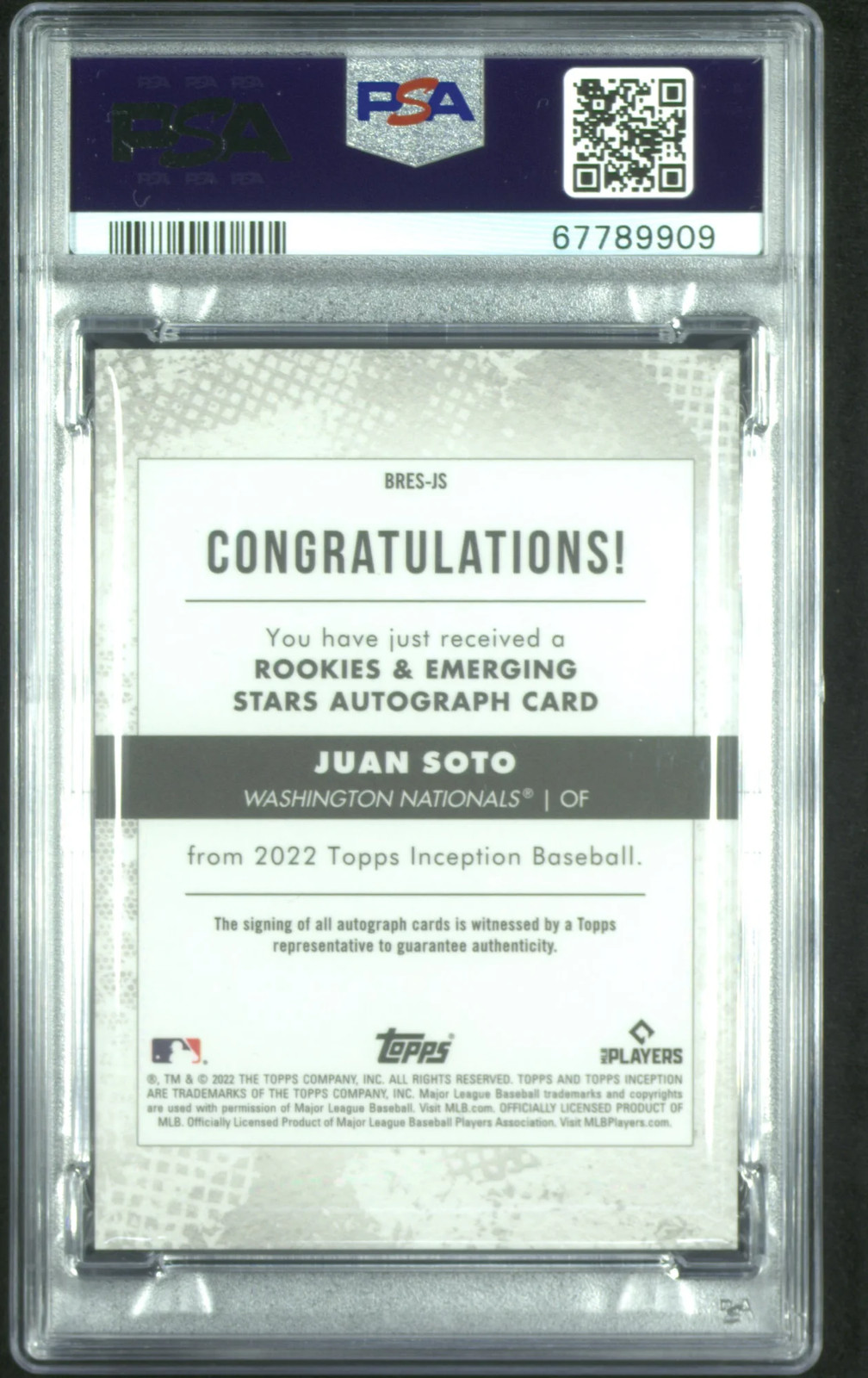 2022 Topps Inception Rookie And Emerging Stars Auto Juan Soto Orange PSA 10 /25 view 2