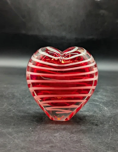 Vintage Hand Blown Art Glass Bud Vase Paperweight Heart White Swirls 3.5"