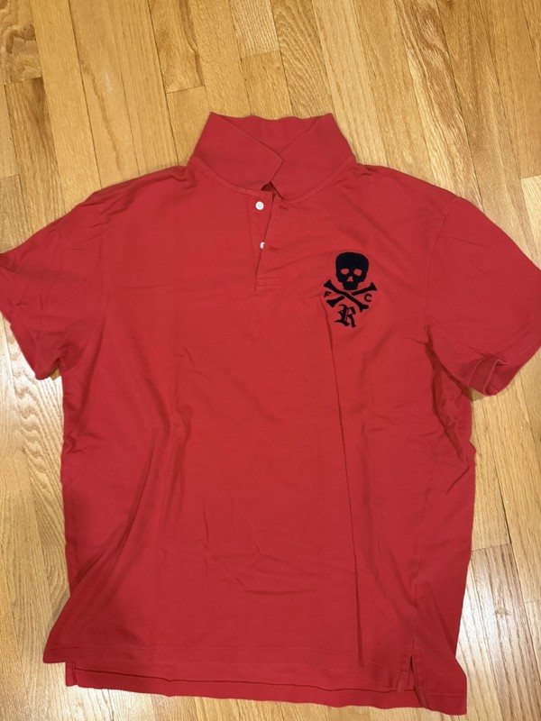 Rugby Ralph Lauren Vintage Polo Shirt red With blue Skull Embroidery XL.