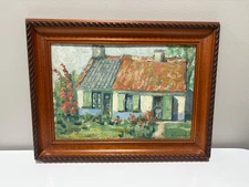 Framed oil painting on board, Impressionist style - Cottage ,garden. 16"x12.5"