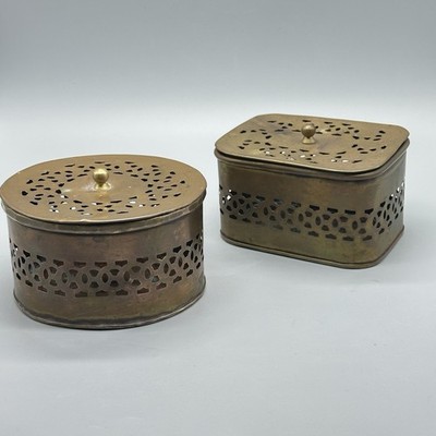 Vintage 1970 s Brass Punch Cut Set If 2 Decorative Boxes Primitive Rustic Boho