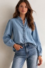 HUSH Women's Lightweight Blue Cotton Top Long Sleeve Blouse Denim Shirt