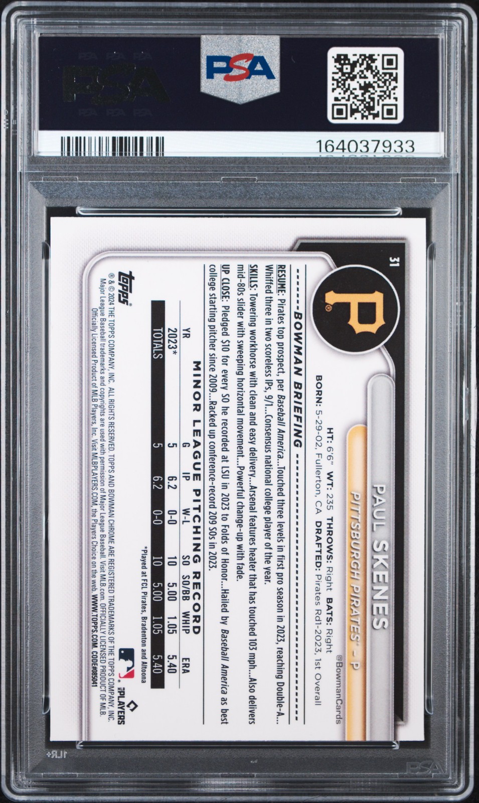 2024 BOWMAN CHROME SAPPHIRE EDITION #31 PAUL SKENES ROOKIE RC PSA 10 view 2
