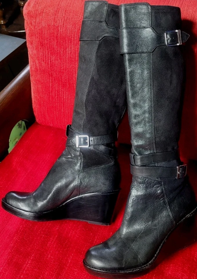 Cole Haan Patricia Black Leather & Faux Suede Wedge Heel Boots High 8 Riding - Image 2 of 4
