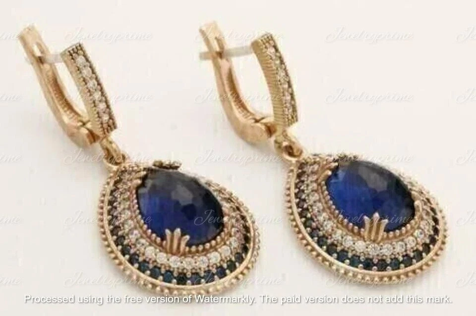 14K Yellow Gold Plated 2Ct Pear Cut Lab-Created Sapphire Drop & Dangle Earrings - Image 4 of 4