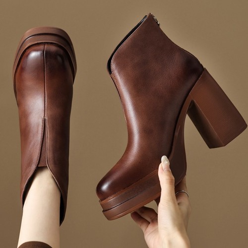 Ankle Boots Women Genuine Leather Round Toe Block High Heel Platform Pumps Sexy - Picture 5 of 10