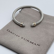 David Yurman Sterling Silver & 14K Gold 5mm Cable Cuff Bracelet Diamond Tips