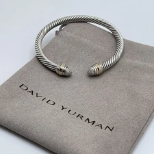 David Yurman Sterling Silver & 14K Gold 5mm Cable Cuff Bracelet Diamond Tips