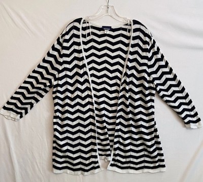 Basic Editions Striped 3/4 Sleeve Knit Open Front Sweater White Blue Womens 2XL