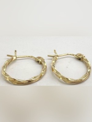 14K  Solid Yellow Gold 13mm L 2mm W Diamond Twisted Hoop Earrings .7g