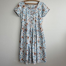 Vintage 1950s Blue Floral Cotton Day Dress Pintuck Bodice Cottagecore Size M L