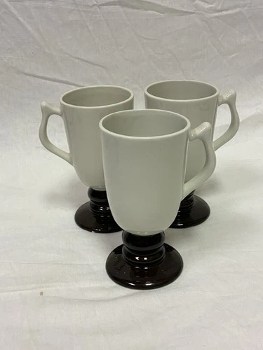 3 HALL China Mugs, Vintage White & Brown Irish Coffee Footed Pedestal USA 1273