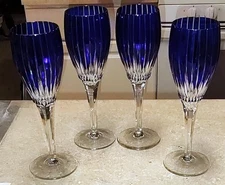 Vintage AJKA Handmade Cobalt Blue Cut To Clear Crystal Wine Glasses Set Of 4