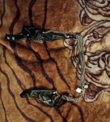 Black Silver Chain PU Choker Collar Lock Ring Cage Harness Bra