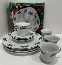 Vtg. Alco Holiday Dinnerware Set 12 Piece Porcelain Service for 4 Plates Cups