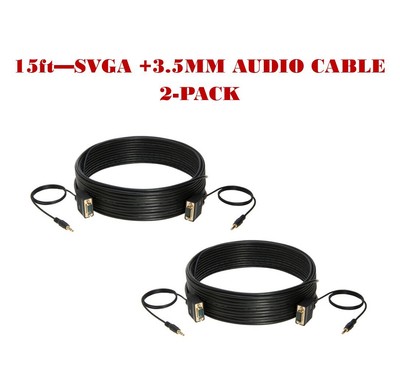 2-Pack - 15FT SVGA M/M + 3.5mm Aux Audio Cable Jack for Monitor PC Projector TV