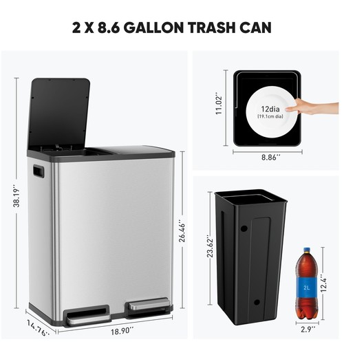 Kitchen Trash Can 60L Double Barrel Stainless Garbage Container w/ Lid - Picture 2 of 8