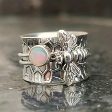 Elegant 925 Sterling Silver Rainbow Opal Charms Engagement Wedding Ring Size 7.5