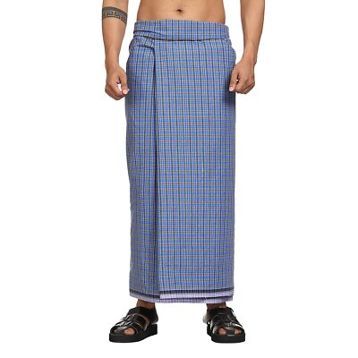 Lungi Dhoti Homme Coton à Carreaux Bleu - Longueur 2,25 M - Paquet De 1