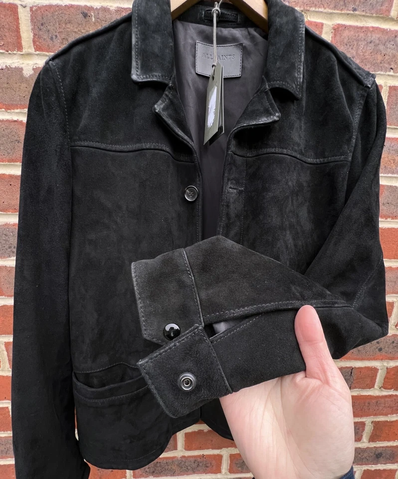 All Saints Mens CLIFTON Suede Jacket LARGE Black Leather Bomber Biker AllSaints - Image 4 of 4