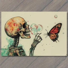 Art Print Skeleton With Cracked Skull Bubble Butterfly Flying Soft Tone Surreal