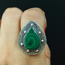 Natural Malachite Pear Gemstone 925 Sterling Silver Adjustable Ring