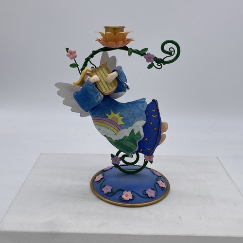Hand Painted Canvas Cloth Angel Playing Harp in Metal Candlestick Holder
