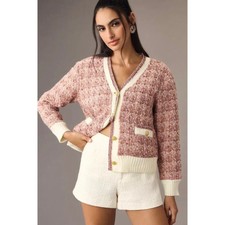 Anthropologie Maeve Tweed Lurex Coatigan Womens Small Pink Ivory Metallic Button