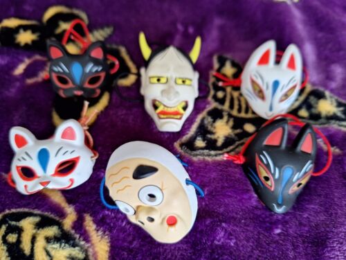 Juego completo de 6 máscaras de festival japonés en miniatura Gashapon kitsune Inari Oni Neko - Imagen 1 de 5