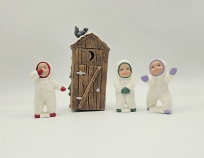 VINTAGE ALBERTA'S CERAMIC Figurines #1394 SNOW BABIES & Outhouse Set Of 4