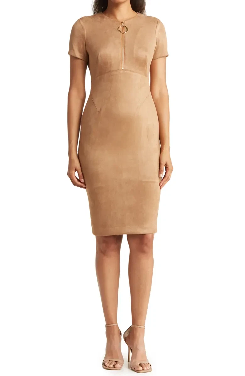 Calvin Klein Faux Suede O Ring Zip Sheath Dress Cream Color Size 2 Org 129.99