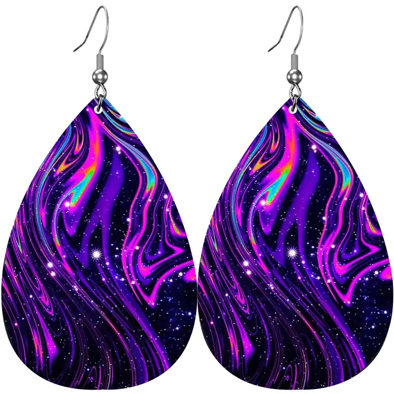 Purple Swirl Double-Sided PU Leather Teardrop Dangle Earrings - New Arrival