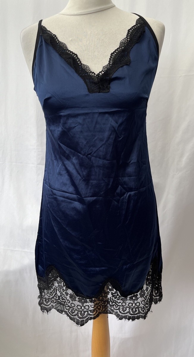 Navy Cotton Blend Lace Trim Strappy Nightdress Size A Women UK